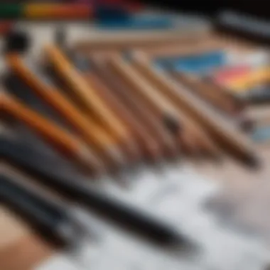 A close-up of various drawing tools laid out