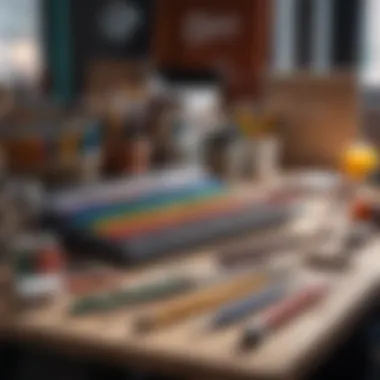 An artist's workspace with various tools and colors