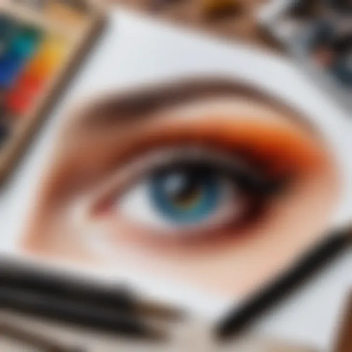 Different drawing tools arranged beside a completed eye sketch, showcasing artistic options.