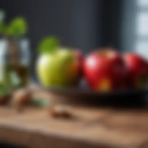 A beautifully arranged still life featuring an apple and various artistic materials.