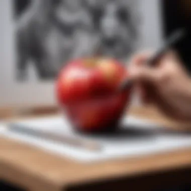 Detailed view of an artist sketching an apple with charcoal.