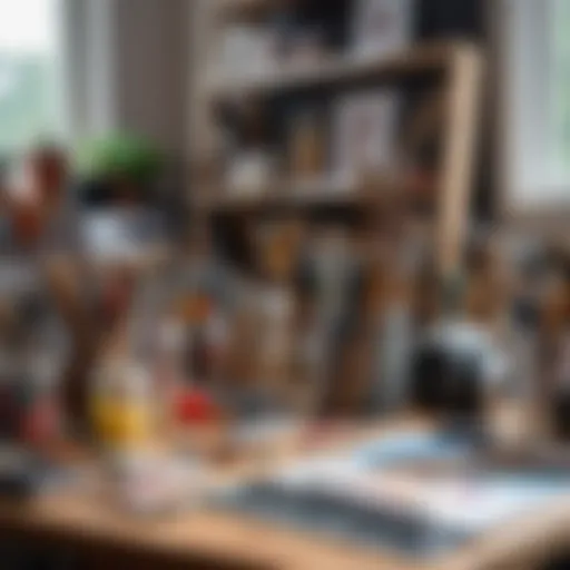 An artist's workspace showcasing various art supplies and tools.