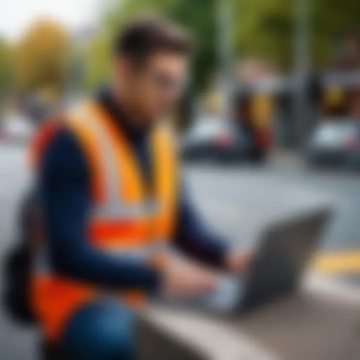 A person studying road safety materials with a laptop