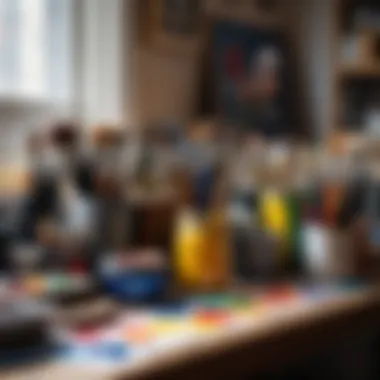 An artist's workspace filled with brushes and colors