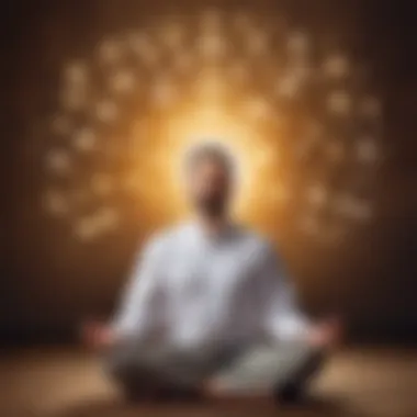 A person meditating with floating symbols of knowledge around