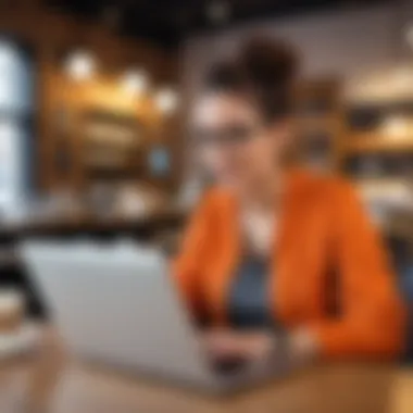 Illustration of a freelancer working on a laptop in a coffee shop