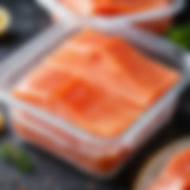 Salted salmon fillets in a container