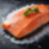 Fresh salmon fillet glistening with salt