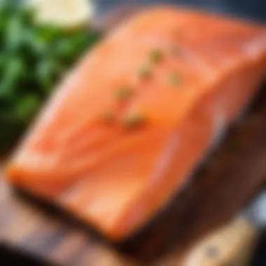 Seasoned salmon resting on a cutting board