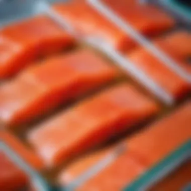 Cured salmon placed in a container for storage