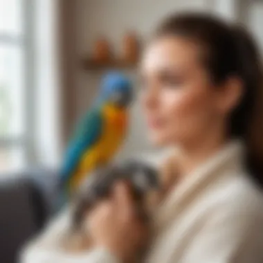 A cozy living room with a bird perched on its owner's shoulder, symbolizing companionship