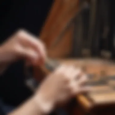 A close-up of a musician's fingers on lyre strings