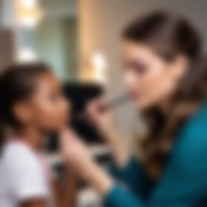 A parent guiding a young girl in makeup application