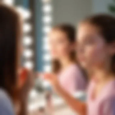 A young girl applying light makeup in front of a mirror