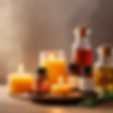 Close-up of soothing oils and aromatic candles