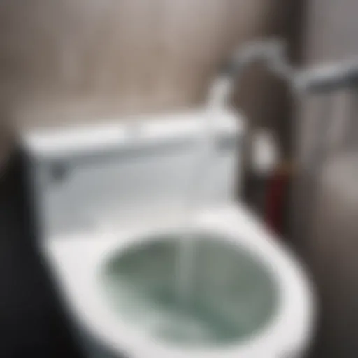 Close-up of a toilet bowl with hot water being poured