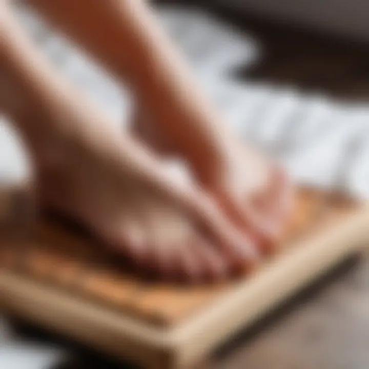 Individual using a nail board for foot therapy in a serene environment.