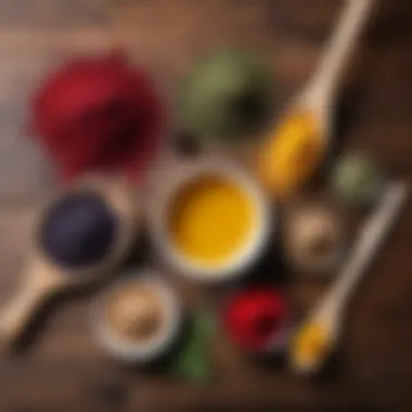 Selection of natural hair dye ingredients on a wooden surface