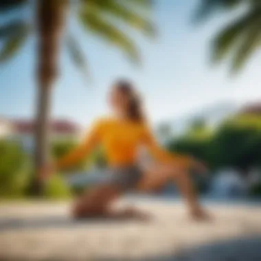 A person practicing splits in a bright outdoor setting