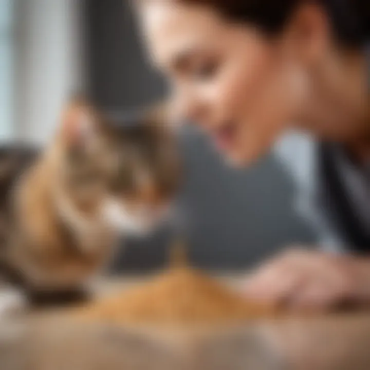 Owner feeding cat dry food