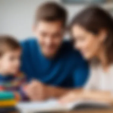 Parent encouraging child with books