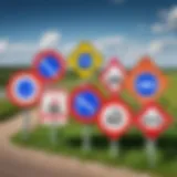 Road signs in various shapes and colors