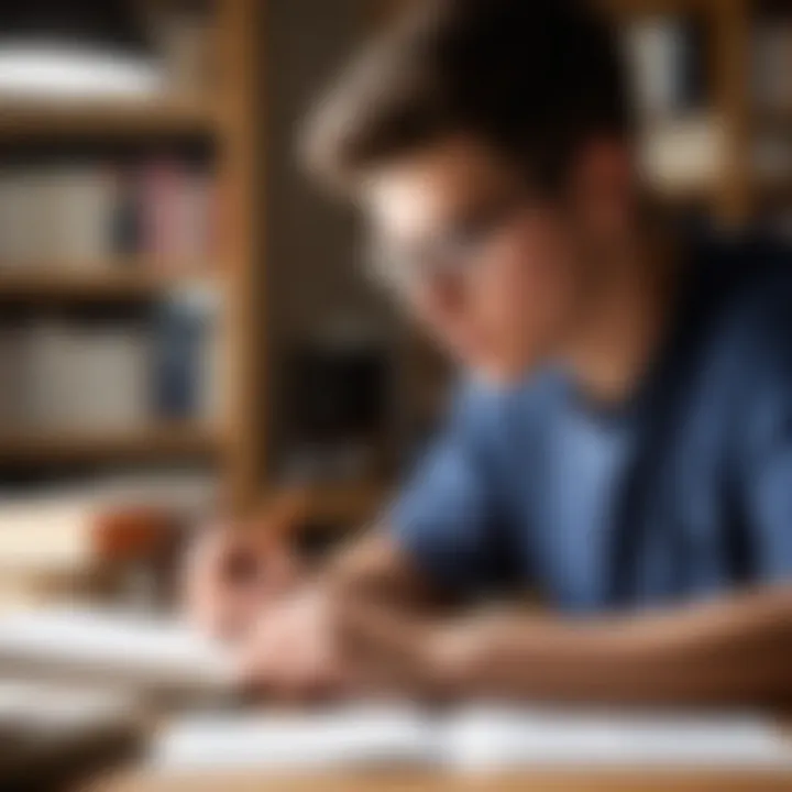 A student engaged in focused study with books and notes