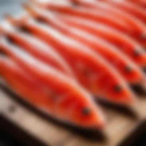 An array of salted red fish displayed elegantly on a wooden board