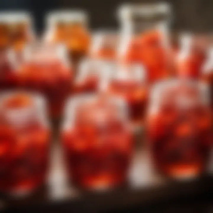 Various jars filled with salted red fish, showcasing preservation methods