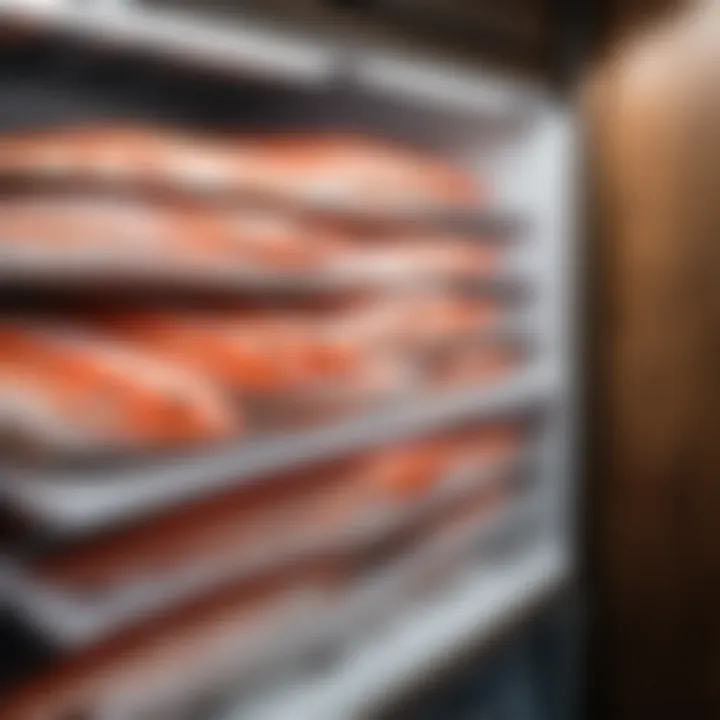 A refrigerator with neatly organized containers of salted fish, highlighting effective storage techniques.