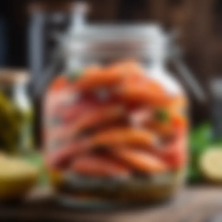 An elegant glass jar filled with cured fish, symbolizing preservation and storage methods.