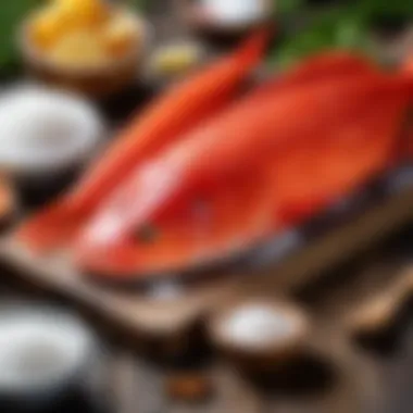 A wooden board showcasing various types of red fish alongside salt and sugar bowls