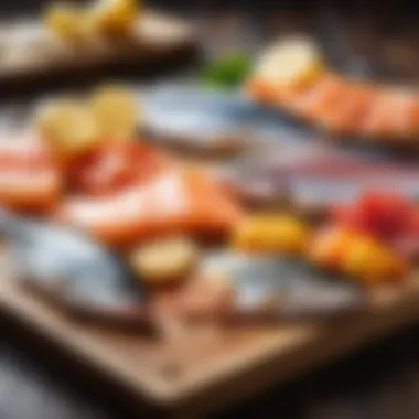 A variety of fish laid out on a wooden board