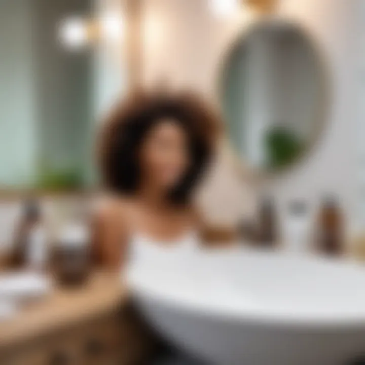 A serene bathroom setting with hair care products displayed, including coconut oil