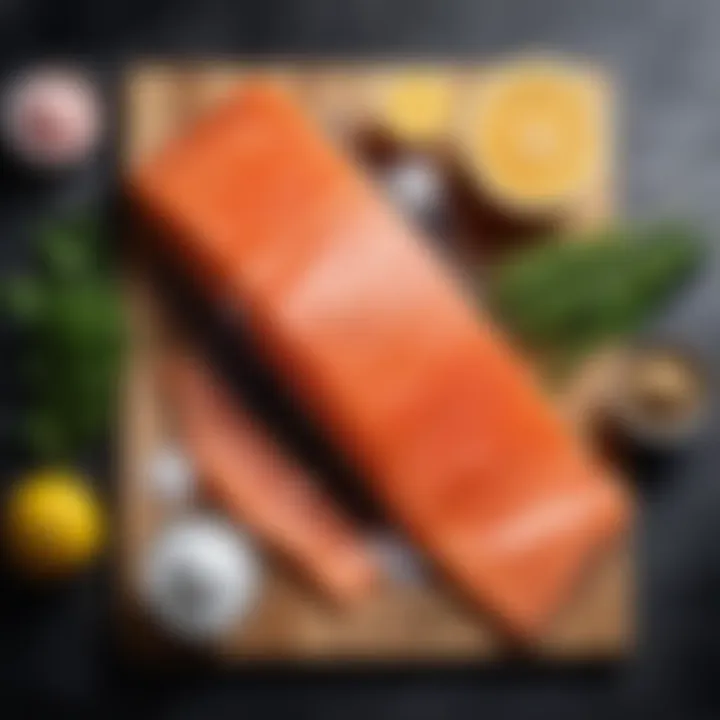 Ingredients for salting salmon laid out on a kitchen surface