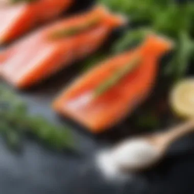 Salt and herbs arranged for salting red trout