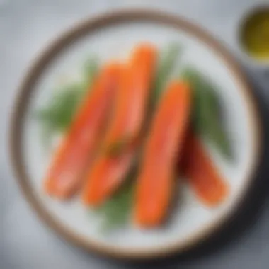 An elegant presentation of cured trout with garnishes on a plate.