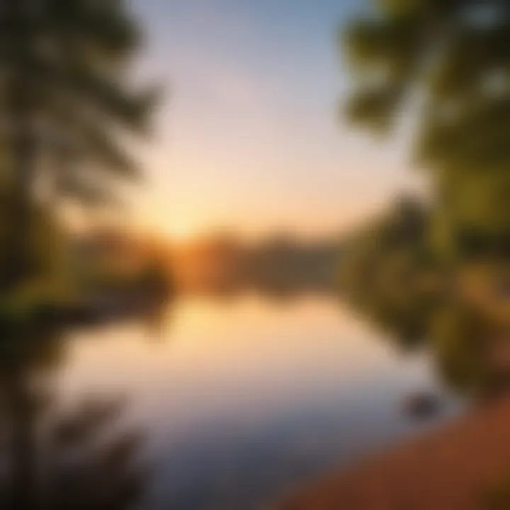 A tranquil lakeside scene at sunset