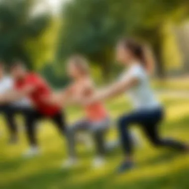 A group of individuals practicing dynamic stretching outdoors