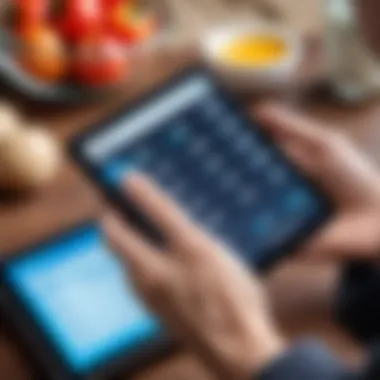 A close-up view of a person holding a tablet in one hand.