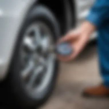 Checking tire pressure with gauge