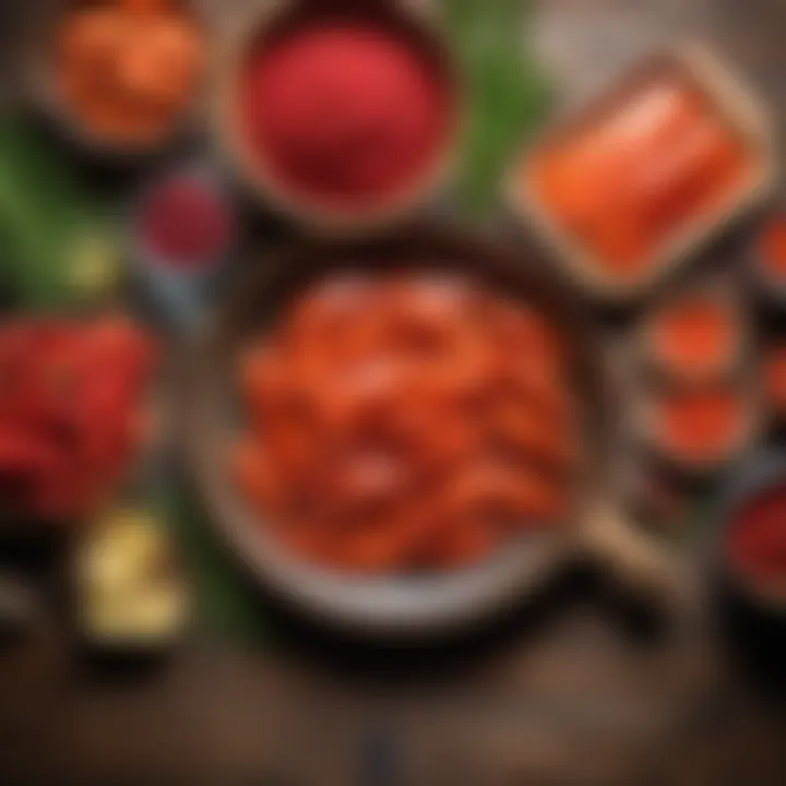 A traditional wooden table set with ingredients for preparing red fish in brine.