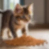 Playful kitten exploring dry food