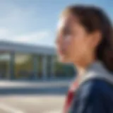 A student looking thoughtfully at a new school building