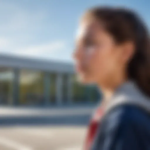 A student looking thoughtfully at a new school building