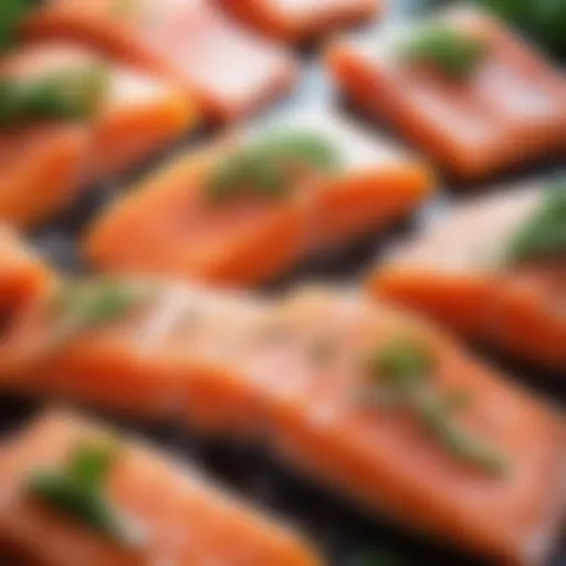 Close-up of salmon fillets coated with salt and herbs