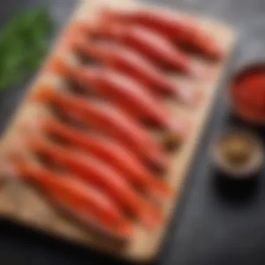 A wooden board showcasing various types of red fish ready for curing