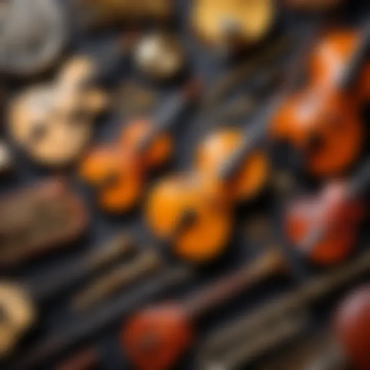 Close-up of various musical instruments laid out