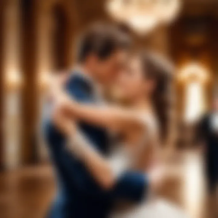 Elegant couple dancing the waltz in a classic ballroom setting.