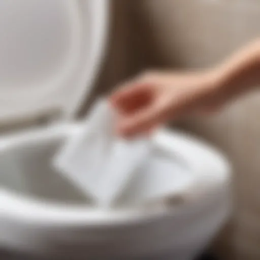 Close-up of a wet wipe being held above a toilet